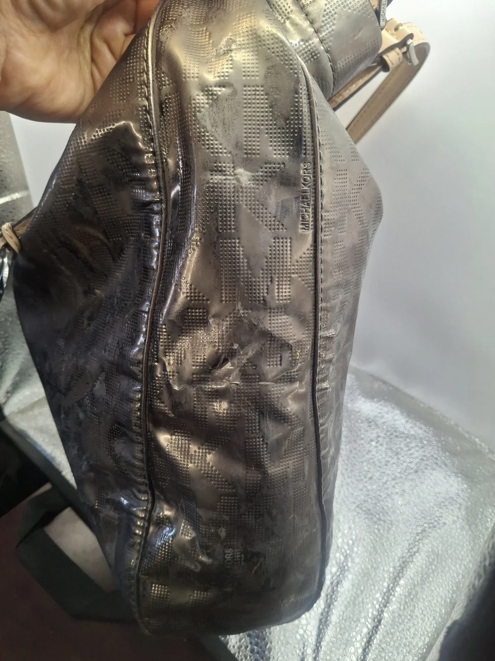 Fair Condition Michael Kors Metallic Bronze Logo Tote with Tan Handles - Picture 11 of 15